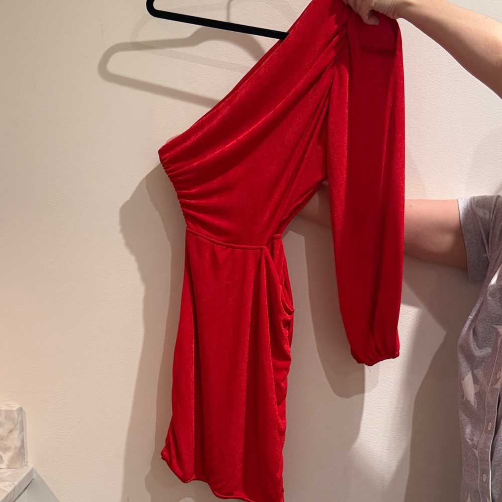 One-Shoulder Red Long-Sleeve Mini Dress